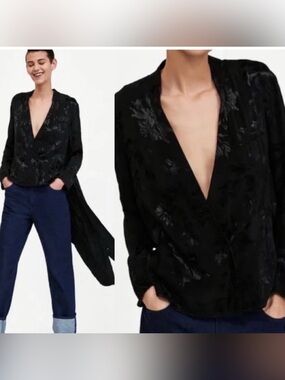 Zara black satin floral embroidered jacquard Brocade high-low blazer jacket Sz L